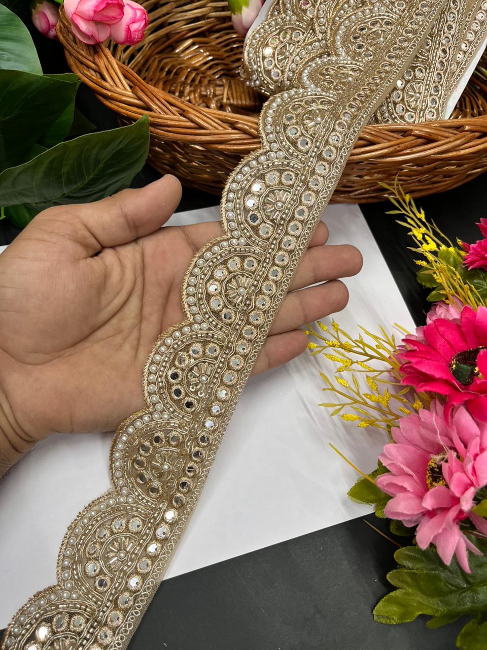 Mirror Cutdana Work Saree Lace – Premium Golden Embroidery Lace Border for Ethnic Wear | Rose Gold