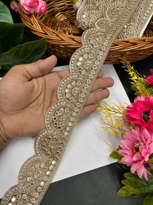 Mirror Cutdana Work Saree Lace – Premium Golden Embroidery Lace Border for Ethnic Wear | Rose Gold