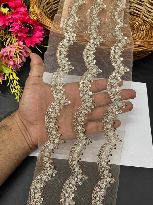 Net Based Pearl & Zardosi Work Handcrafted Lace – Handmade Decorative Lace for Sarees, Dupattas, and Dresses (9 mtr, 1 inch) | Rose Gold