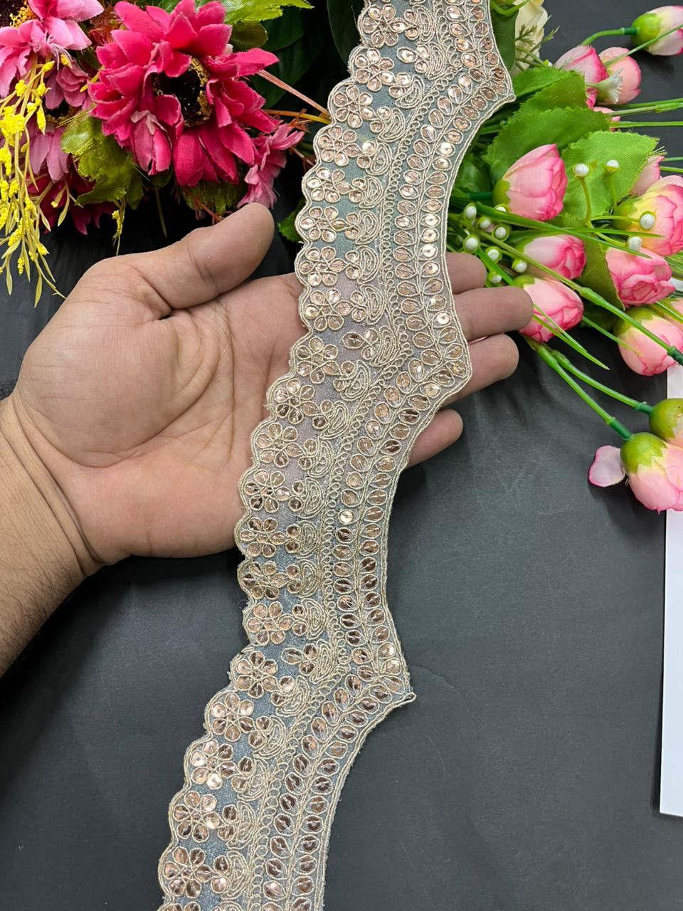 Scalloped Sequins Embroidered Zari Lace – Premium 2 Inch Gold Designer Border for Sarees, Lehengas, Dupattas & Bridal Wear (9 Meter) | Rose Gold