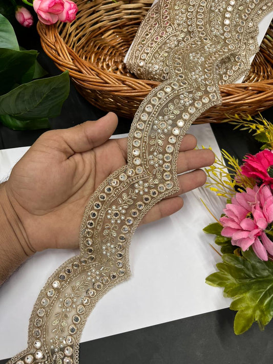 Scalloped Mirror Cutdana Work Saree Lace – Premium Golden Embroidery Lace Border for Ethnic Wear | Rose Gold