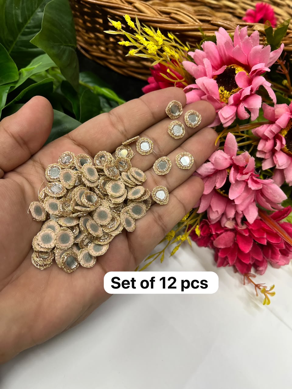 Handcrafted Zardozi Mirror Work Round Patches for Sarees, Dupattas, Lehengas & Blouses – Decorative Appliqué Set of 12 | DC1021 | Rose Gold