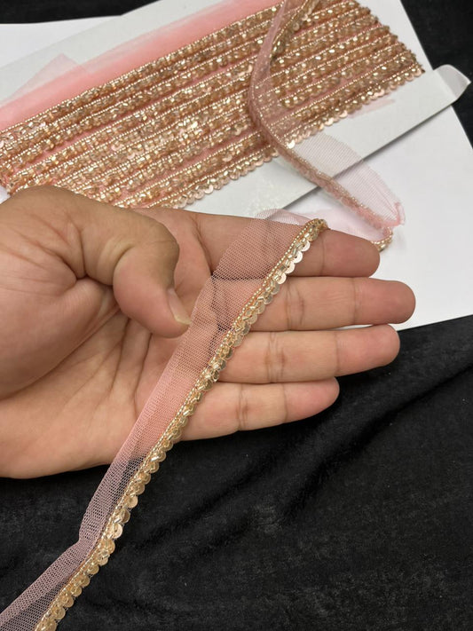Handmade Sequins Lace Trim for Sarees, Blouses & Dresses – Narrow Handwork Embroidered Lace Border (1 cm) | Rose Gold