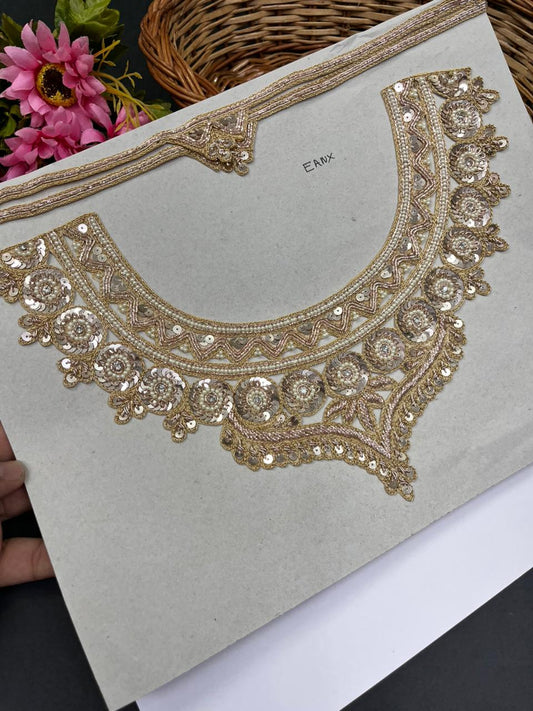 Handwork Zardozi Neck Patch With Sleeves – Premium Designer Embroidered Neckline for Kurtis, Blouses, Suits & Ethnic Outfits | Rose Gold