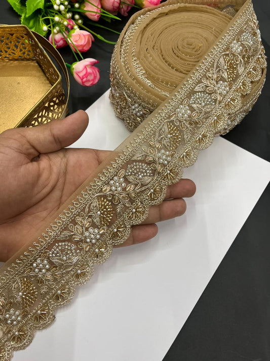 Designer Beaded Net Based Maggam Work Lace for Sarees – Premium 2 Inch Hand-Embellished Border for Lehengas & Bridal Wear (9 Meter) | Rose Gold