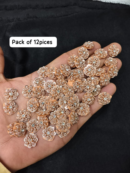 Beautiful Handmade Zardozi Work Buttis Decorative Crafting Patches for Saree, Lehenga & Blouse – Sew On Applique Badge Set (12 Pieces) | Rose Gold