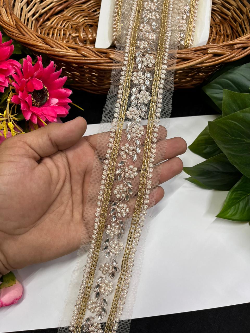 Exclusive Handmade Lace on Net Fabric – Premium 1.5 Inch Decorative Border for Ethnic & Festive Wear (9 Meter) | Rose Gold
