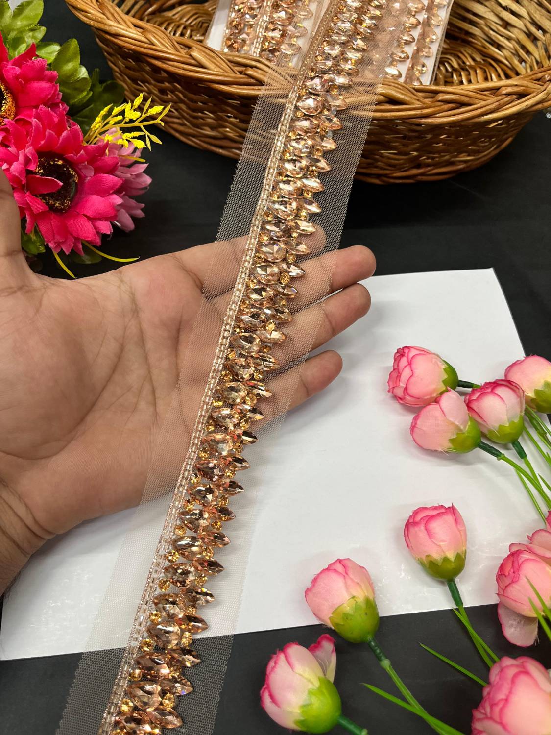 Beautiful Handmade Crystal Heavy Lace Border – Premium Designer Trim for Sarees, Lehengas & Ethnic Outfits (9 Meter, 1.5 Inch Width) | Rose Gold