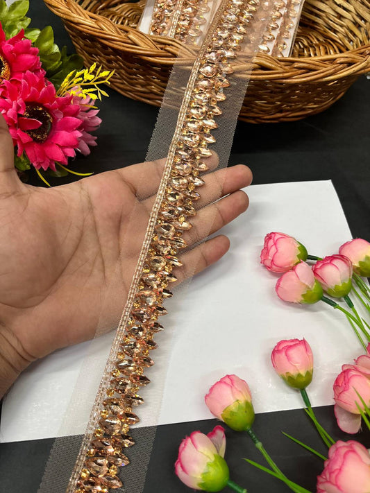Beautiful Handmade Crystal Heavy Lace Border – Premium Designer Trim for Sarees, Lehengas & Ethnic Outfits (9 Meter, 1.5 Inch Width) | Rose Gold
