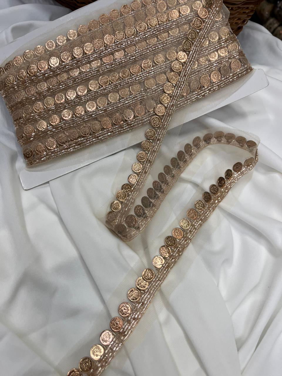Handmade Coin Lace with Cutdana for Sarees, Kurtis & Dresses – Decorative Ethnic Handcrafted Lace Border | Rose Gold
