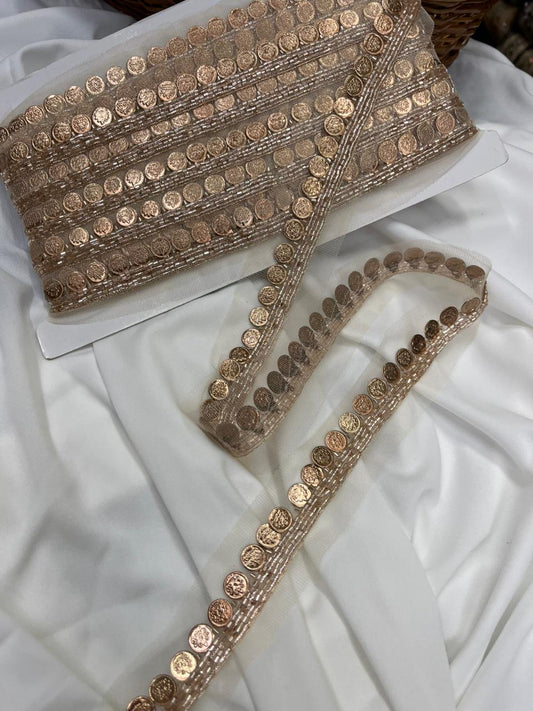 Handmade Coin Lace with Cutdana for Sarees, Kurtis & Dresses – Decorative Ethnic Handcrafted Lace Border | Rose Gold
