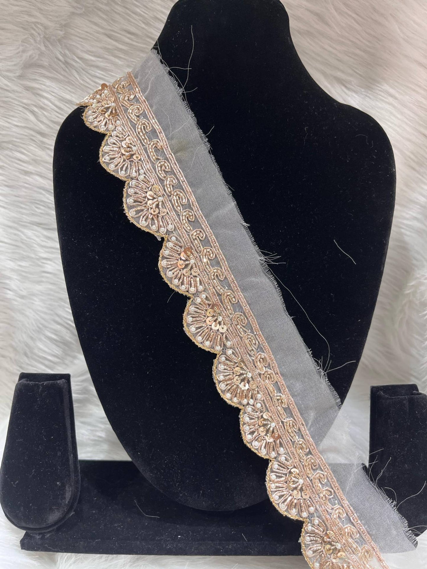 Scalloped Zardosi Handcrafted Lace – 9 Meters, 1.5-Inch Embellished Handmade Border for Sarees & Lehengas | Rose Gold