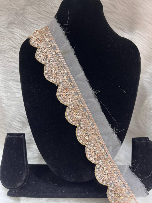 Scalloped Zardosi Handcrafted Lace – 9 Meters, 1.5-Inch Embellished Handmade Border for Sarees & Lehengas | Rose Gold