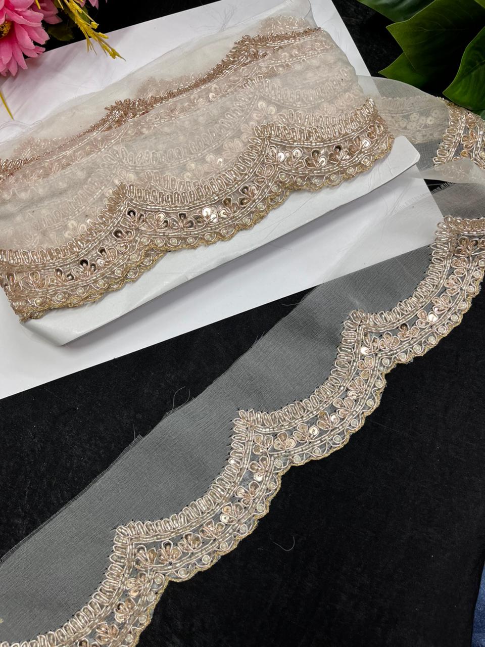 Scalloped Zardozi Borders – Premium 1 Inch Handmade Decorative Lace for Bridal & Ethnic Wear (9 Meter) | Rose Gold