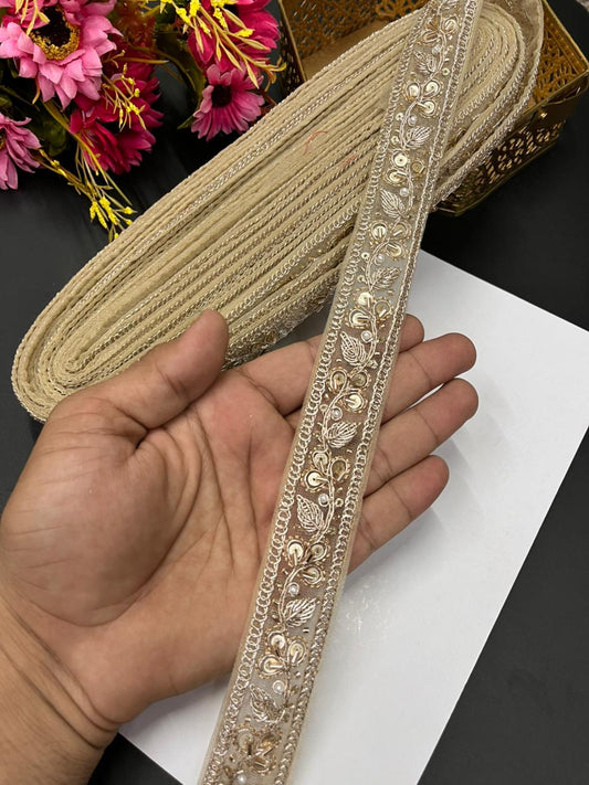 Pearl Zari Embroidered Net Lace – Designer Maggam Work Border for Sarees, Lehengas & Dupattas (9 Meter, 1 Inch Width) | Rose Gold