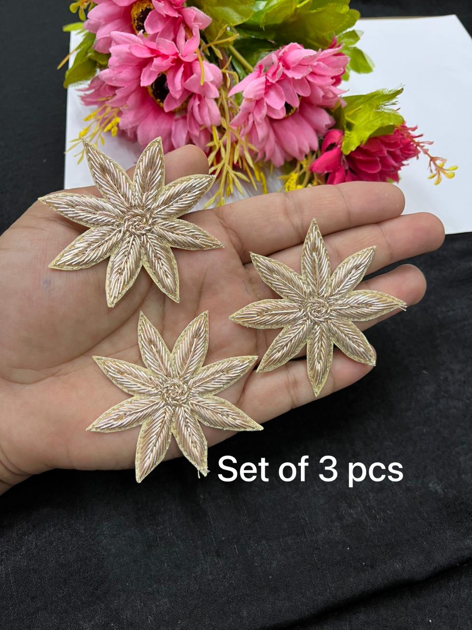Beautiful Handcrafted Zardozi Flower Patch Applique Set of 3 for Sarees, Blouses & Dresses – Designer Floral Embroidery Patch | Rose Gold