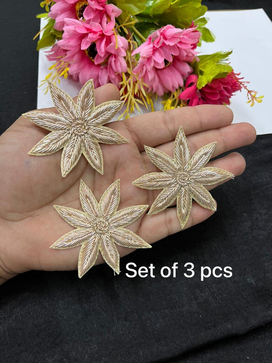 Beautiful Handcrafted Zardozi Flower Patch Applique Set of 3 for Sarees, Blouses & Dresses – Designer Floral Embroidery Patch | Rose Gold