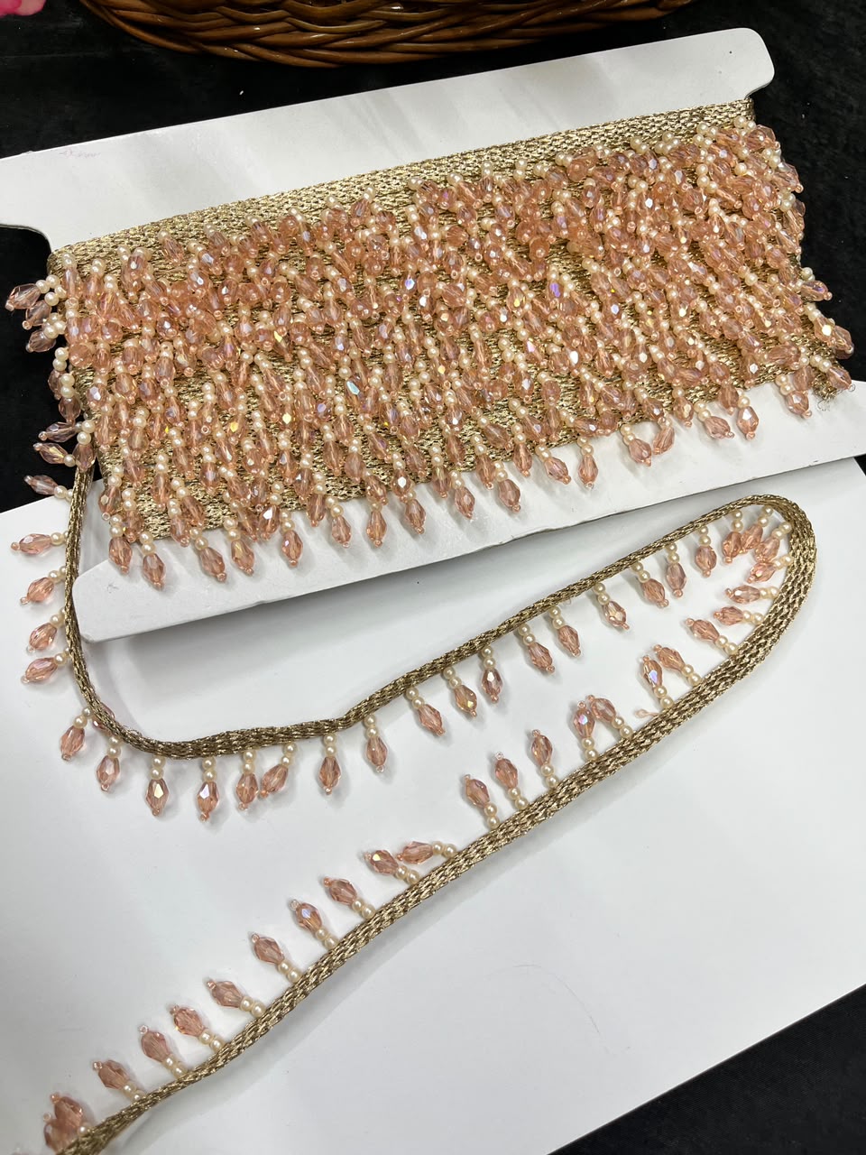 Crystal Drop Latkan Lace for Dupattas, Blouses, Sarees & Lehengas – Designer Hanging Crystal Lace Border (1 Inch) | DC1047 | Rose Gold