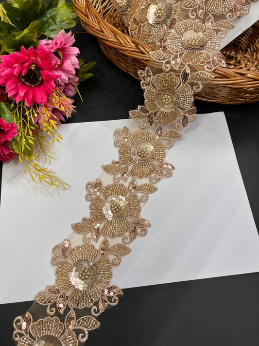 Imported Bead Work Flower Lace – Premium Designer Imported Lace Border for Sarees & Ethnic Wear | Rose Gold