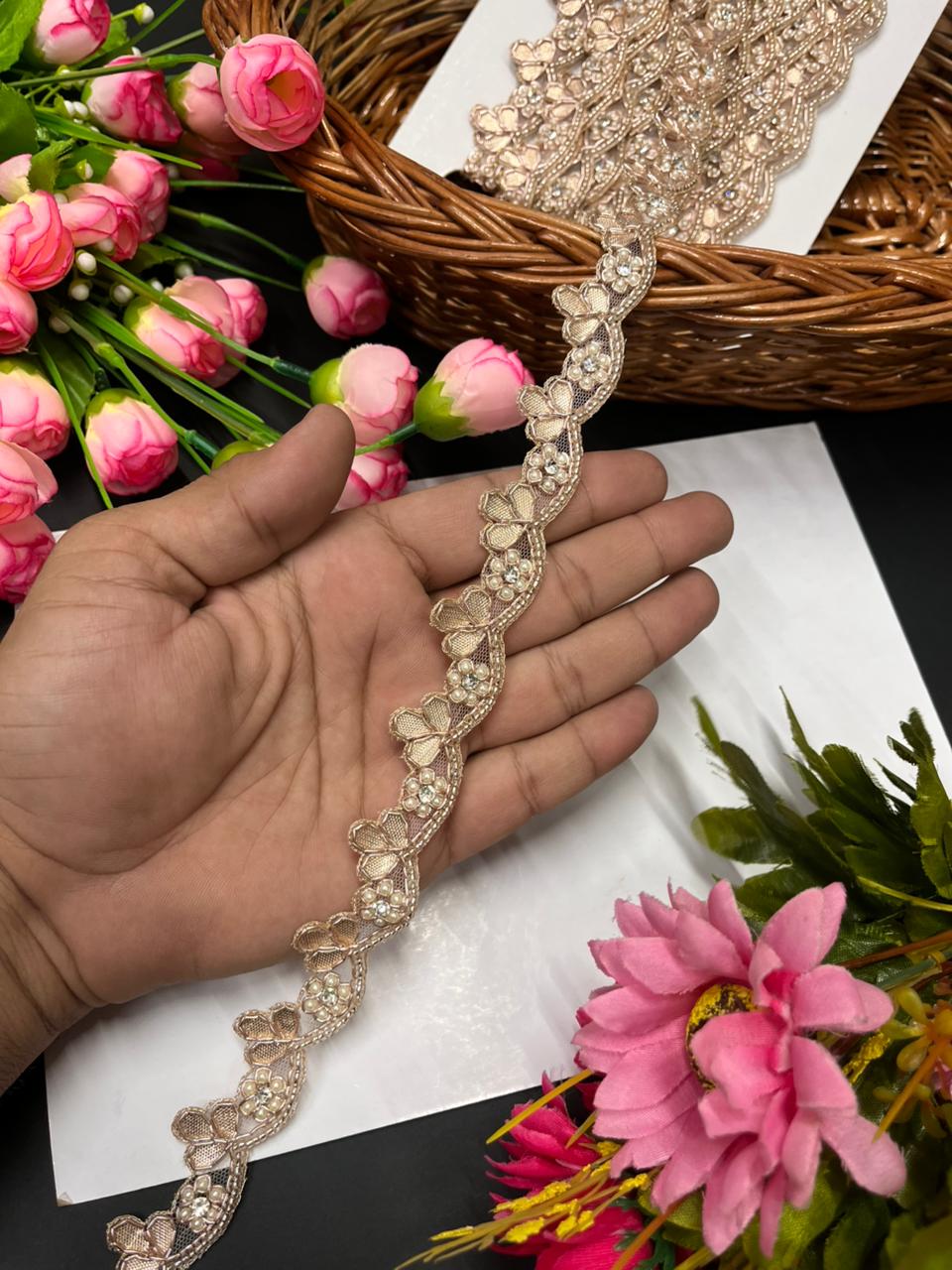 Gota Work Handmade Laces with Beaded Flower – Designer Border for Sarees, Dupattas & Lehengas (9 Meter, 1 Inch Width) | Rose Gold