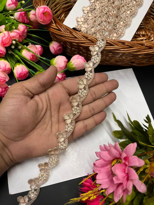 Gota Work Handmade Laces with Beaded Flower – Designer Border for Sarees, Dupattas & Lehengas (9 Meter, 1 Inch Width) | Rose Gold