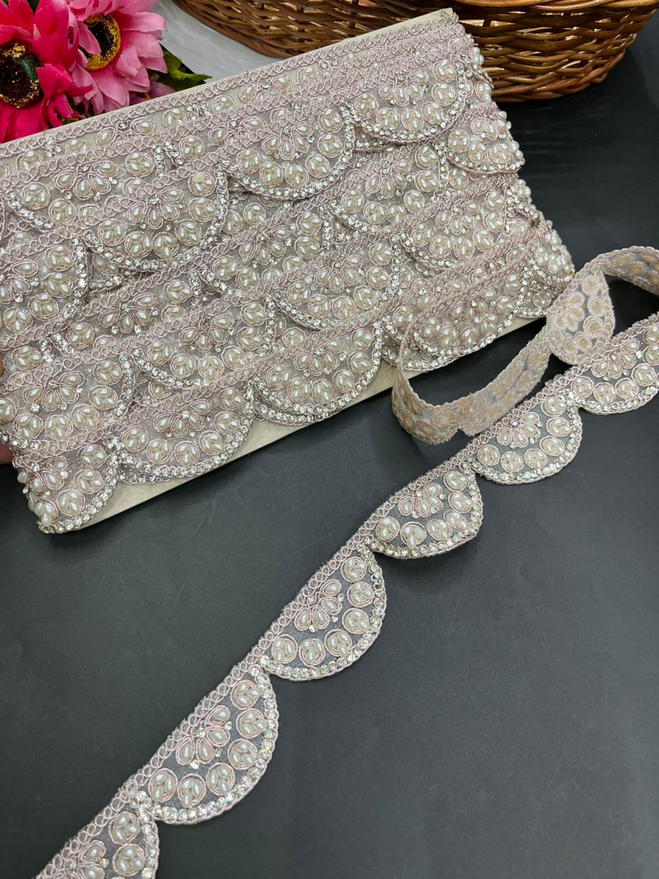 Pearl Scalloped Lace – Premium Gold Embroidered Designer Lace | Rose Gold