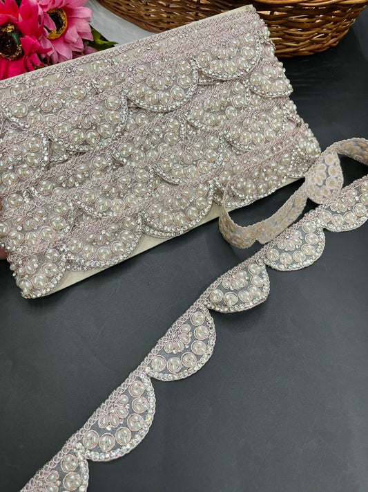 Pearl Scalloped Lace – Premium Gold Embroidered Designer Lace | Rose Gold