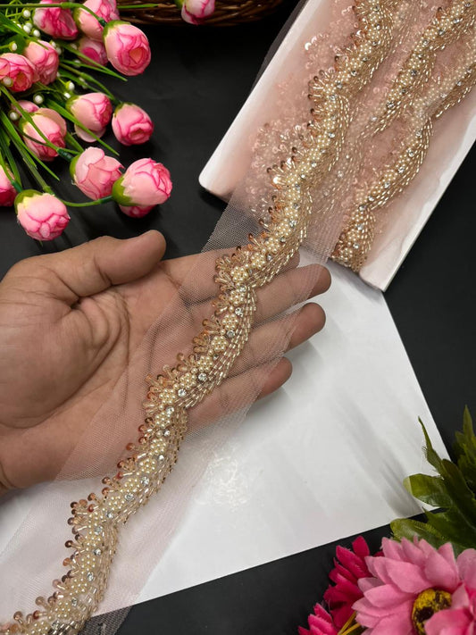Scallops Bead & Pipe Work Handcrafted Lace – Designer Handmade Border for Sarees, Lehengas & Dupattas (9 Meter, 1 Inch Width) | Rose Gold