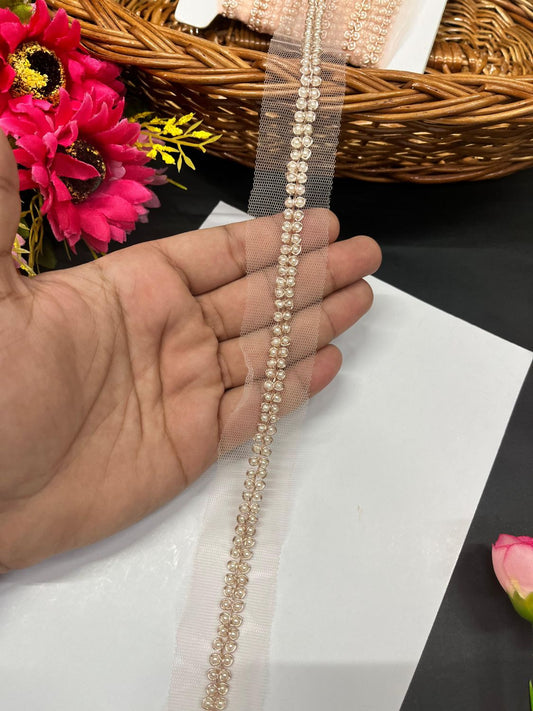 Handcrafted Beaded Lace on Net Fabric – Elegant Designer Border Trim for Sarees, Lehengas & Dresses (9 Meter, 0.5 Inch Width) | Rose Gold