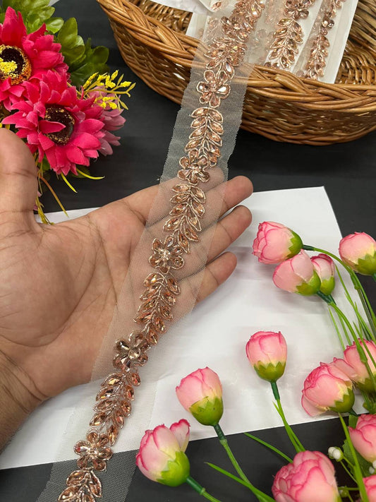 Beautiful Handmade Flower Design Crystal Heavy Lace Border – Premium Embellished Trim for Sarees, Lehengas & Designer Dresses (9 Meter, 1.5 Inch Width) | Rose Gold