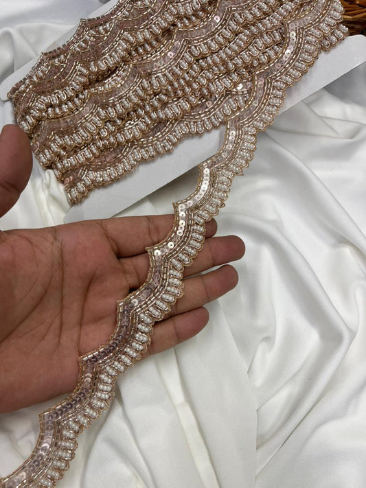 Scalloped Handmade Sequins Zardozi & Pearl Lace for Sarees, Kurtis & Dresses – Designer Embroidered Lace Border | Rose Gold