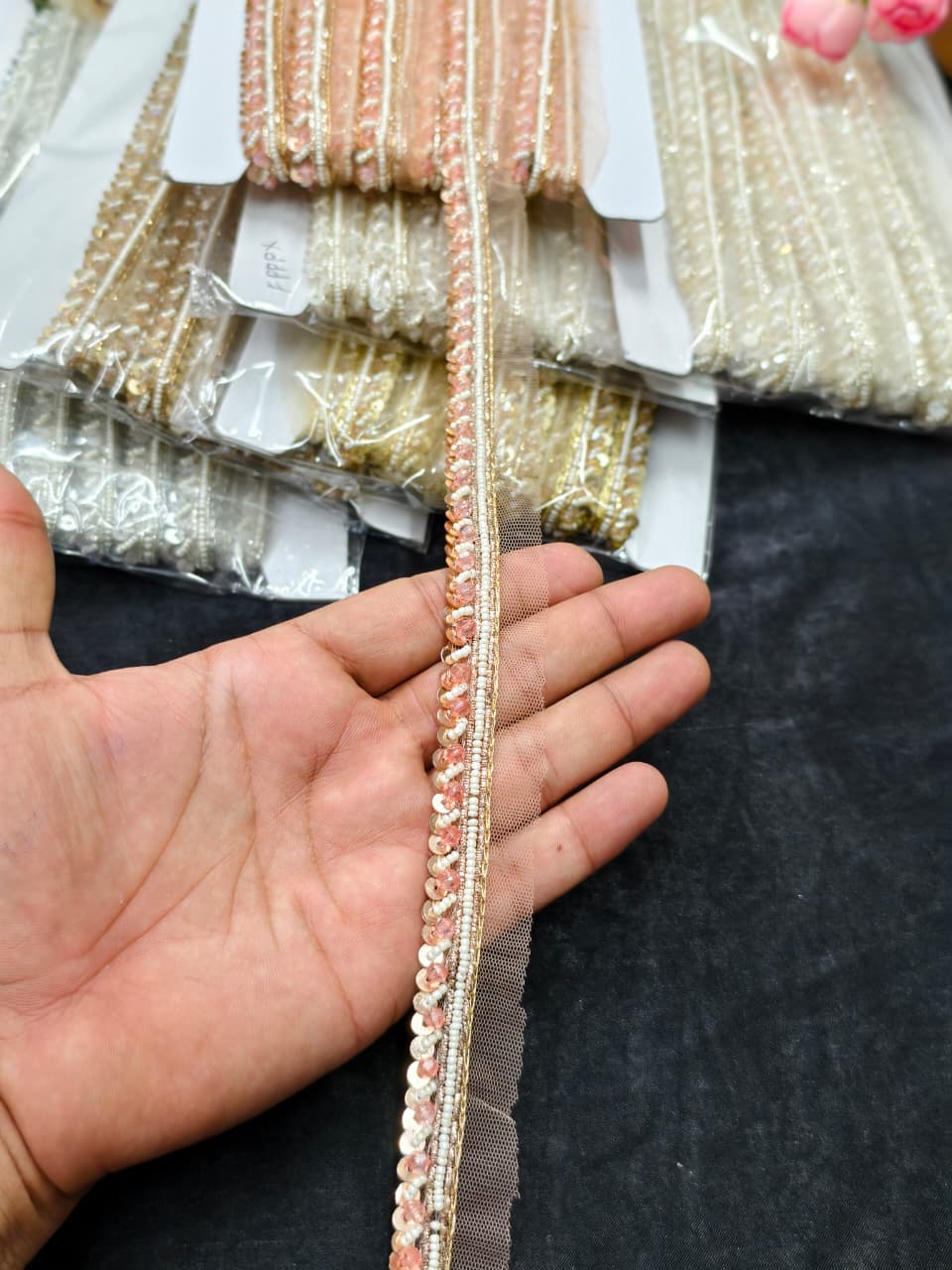 Handmade Jardoshi Work Saree Laces Border for Sarees & Dupattas – 9 Meters, 0.5-Inch Traditional Embroidered Trim | Rose Gold