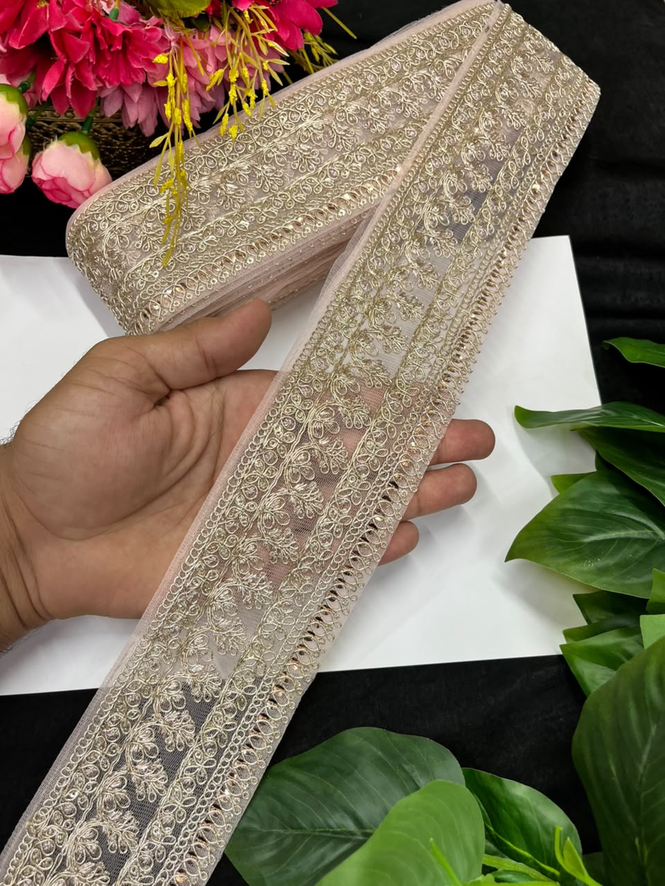 Golden Zari Embroidered Lace for Sarees, Lehengas & Dupattas – Premium Designer Embroidered Lace Border for Boutique Owners & Fashion Designers (3 Inch) | Rose Gold