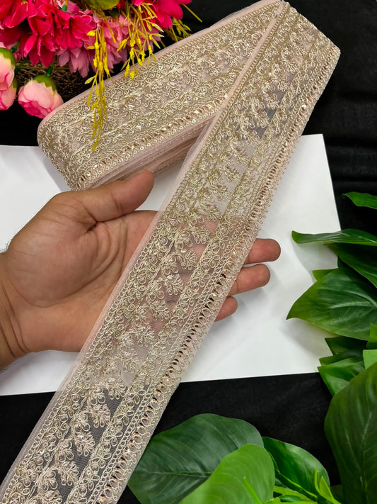 Golden Zari Embroidered Lace for Sarees, Lehengas & Dupattas – Premium Designer Embroidered Lace Border for Boutique Owners & Fashion Designers (3 Inch) | Rose Gold
