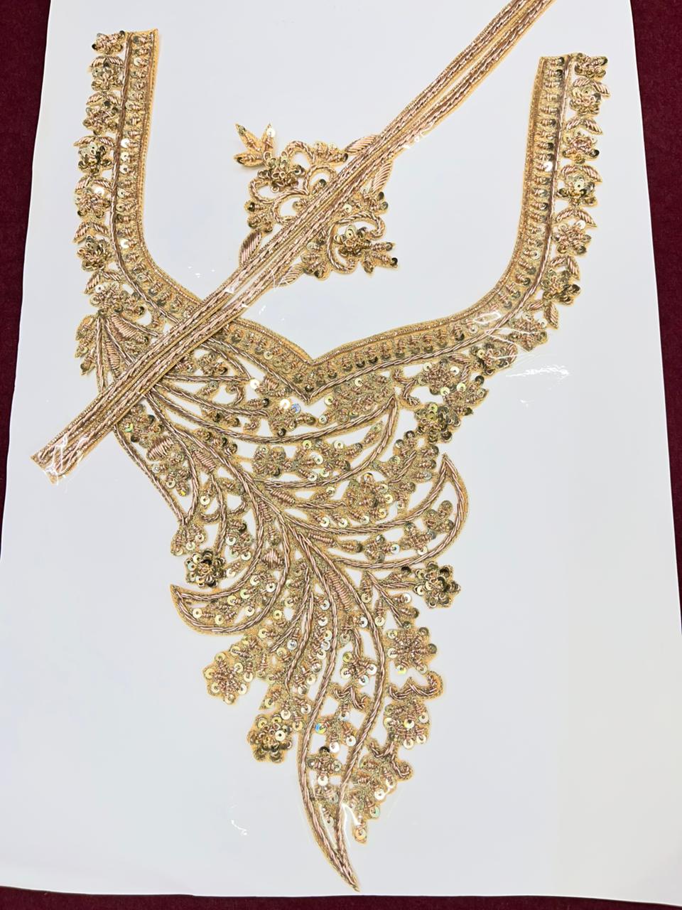 Handcrafted Zardosi Neck Patch – Premium Designer Embellished Neck Applique for Blouses, Kurtis & Ethnic Wear | Rose Gold