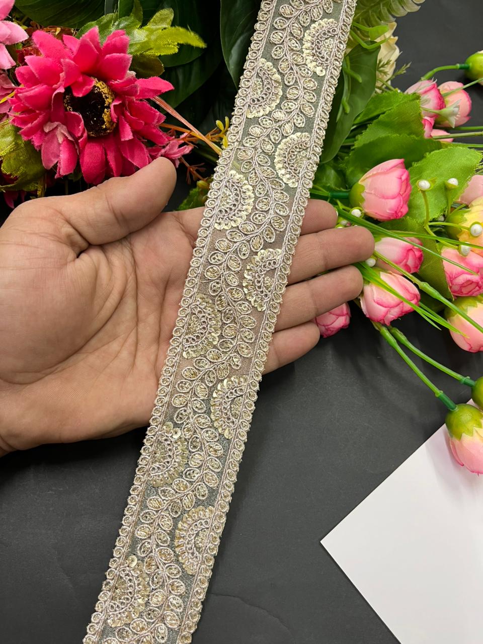 Gold Embroidered Zari Lace Trims – Premium 1.5 Inch Designer Border for Sarees, Dupattas, Lehengas & Festive Wear (9 Meter) | Rose Gold