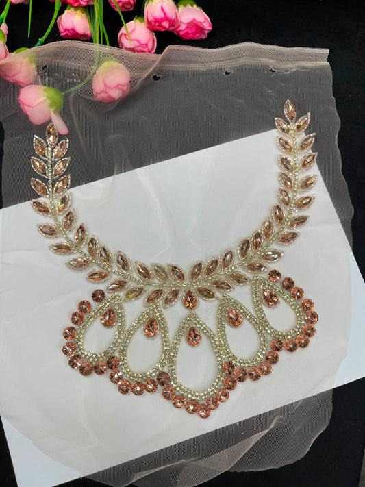 Handmade Crystal Neck Patch for Kurtis, Dresses & Blouses – Designer Handcrafted Crystal Embellished Neckline Applique | DC1042 | Rose Gold