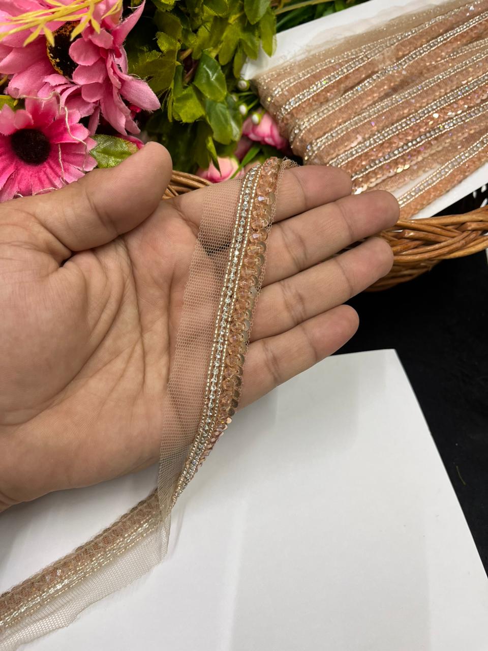 Luxurious Crystal with Diamond Work Handmade Lace – Premium Designer Handmade Lace | Rose Gold