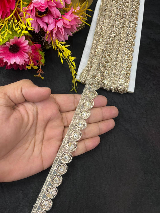Affordable Gold Embroidered Lace – Elegant Golden Border Trim for Sarees, Dupattas & Lehengas (9 Meter, 1 Inch Width) | Rose Gold