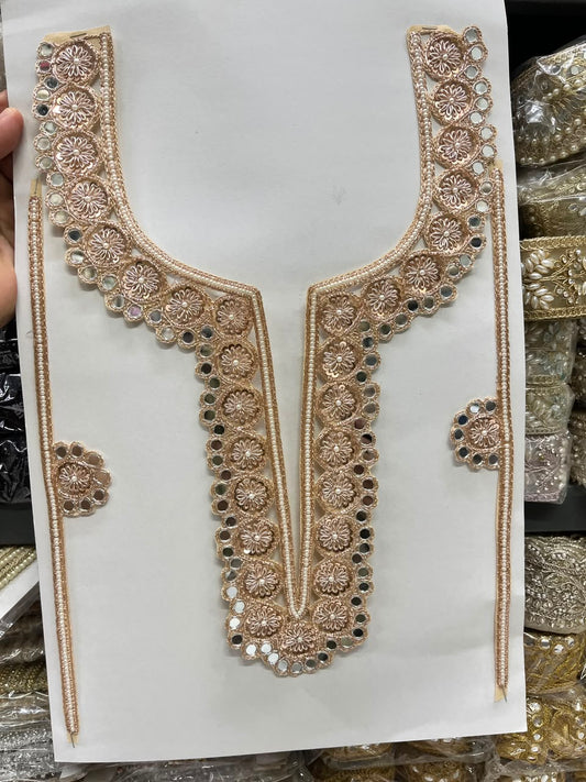 Designer Zardozi Mirror Work Neck Patch for Kurtis, Dresses & Blouses – Premium Handcrafted Embroidered Neckline Applique | DC1006 | Rose Gold