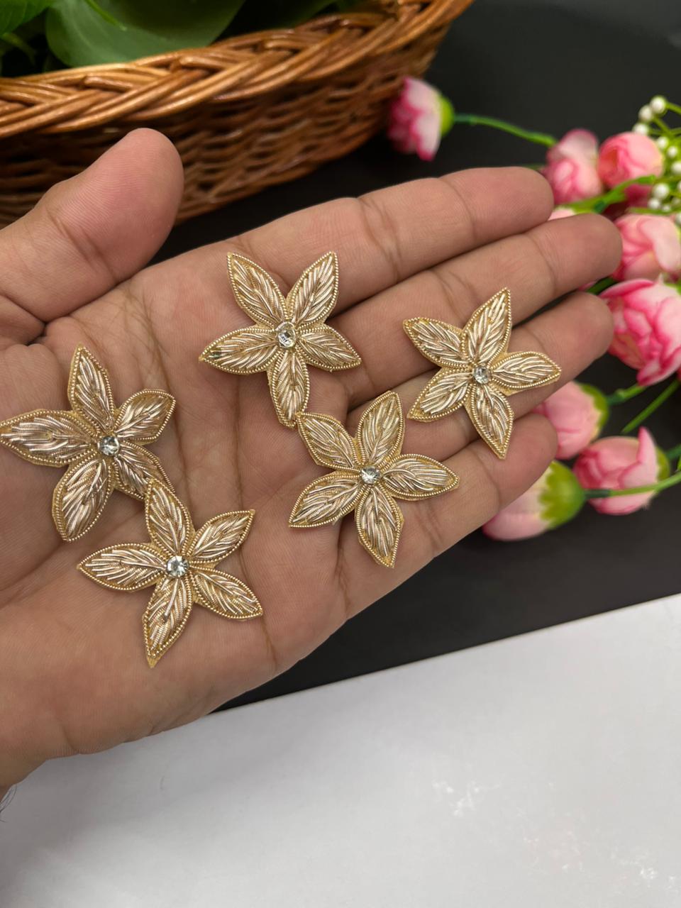Handmade Zardosi Flower Patch | Zardosi Applique (Pack of 6) for Sarees, Lehengas & Blouses | Rose Gold