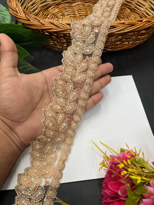 Beaded Handmade Lace Trim for Boutique – Imported Decorative Lace for Sarees, Dupattas, and Dresses (9 mtr, 2.5 inch) | Rose Gold