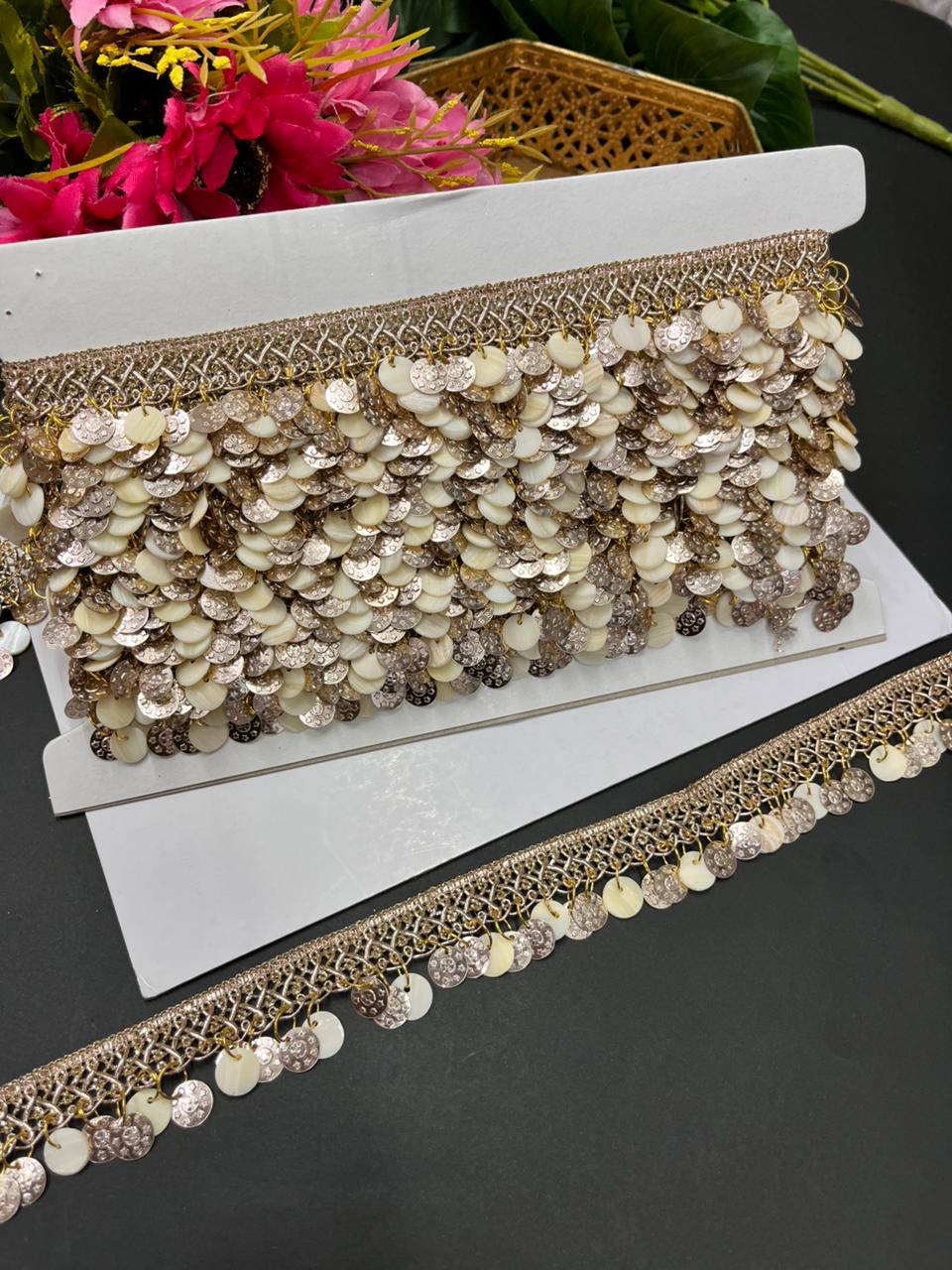 Beautiful Coin Bead Hanging Lace (9 Meter) – Designer Latkan Border for Sarees, Dupattas & Lehengas (1 Inch Width) | Rose Gold