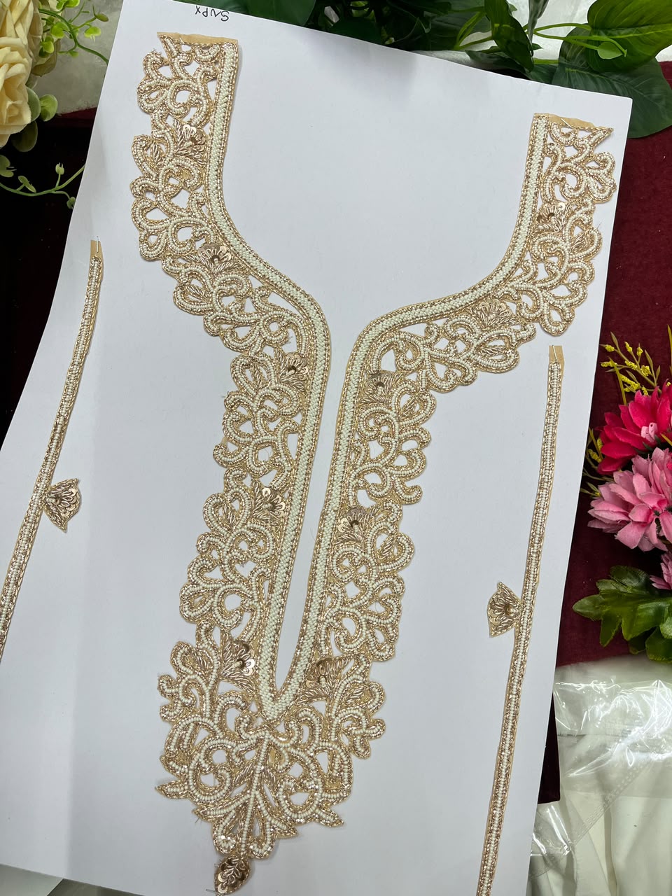 Handmade Bead Work Neck Patch for Kurtis, Dresses & Blouses – Designer Handcrafted Beaded Neckline Applique | DC1004 | Rose Gold