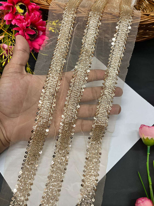 Zardosi & Cutdana Work Fancy Lace Border – Premium Handcrafted Designer Trim for Sarees, Lehengas & Festive Outfits (9 Meter, 1 Inch Width) | Rose Gold