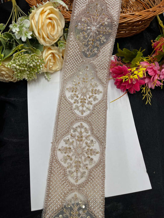 Beaded Designer Lace Trim for Lehengas & Sarees – 9 Meters, 4-Inch Heavy Embellished Saree Laces Border | Rose Gold