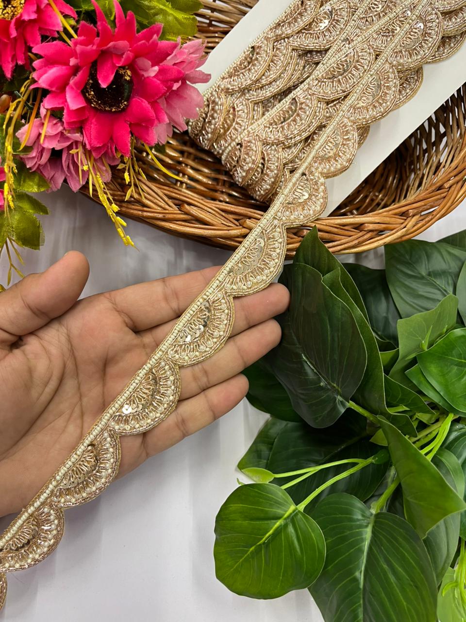 Premium Handcrafted Zardozi Lace – Elegant Handmade Designer Border | Rose Gold