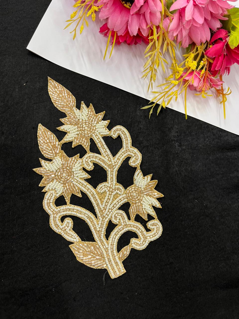 Handcrafted Beaded Cutwork Patch Gold Applique for Sarees, Blouses & Dresses – Designer Embroidered Applique Patch | Rose Gold