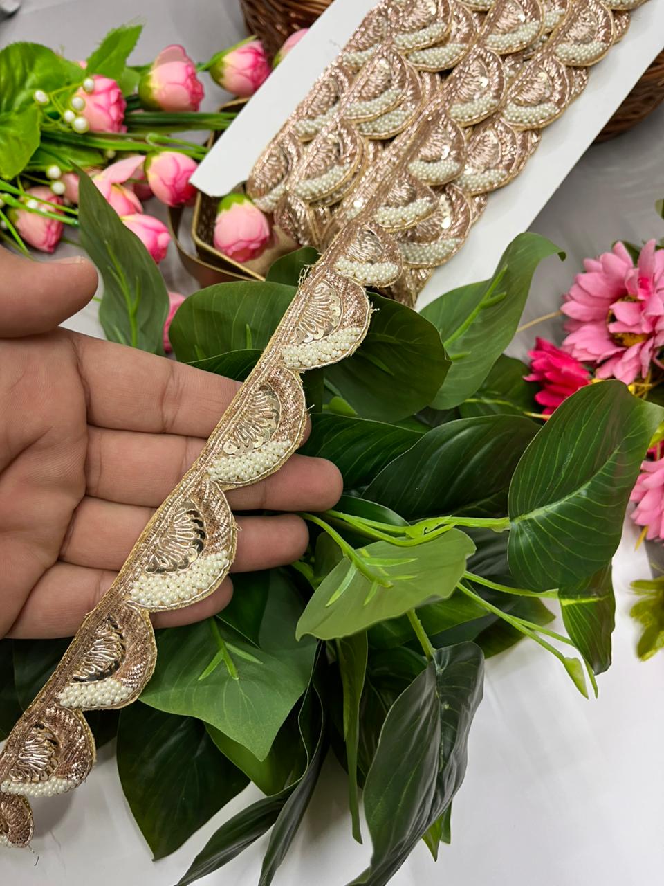 Handmade Scalloped Zardozi Border with Pearl – Premium 1 Inch Handcrafted Decorative Lace for Bridal & Ethnic Wear (9 Meter) | Rose Gold