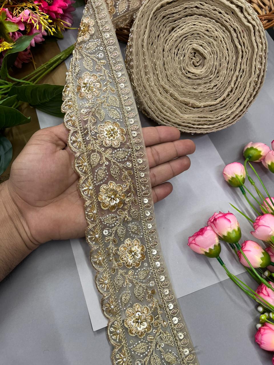 Designer Bridal Saree Lace Border – Premium 3 Inch Handcrafted Maggam Work Decorative Border for Wedding & Festive Wear (9 Meter) | Rose Golden